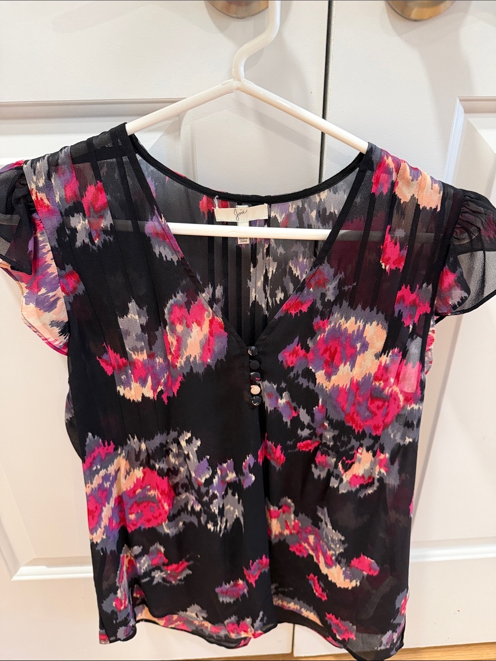 Joie Black Floral V-Neck Blouse with Pink Accents